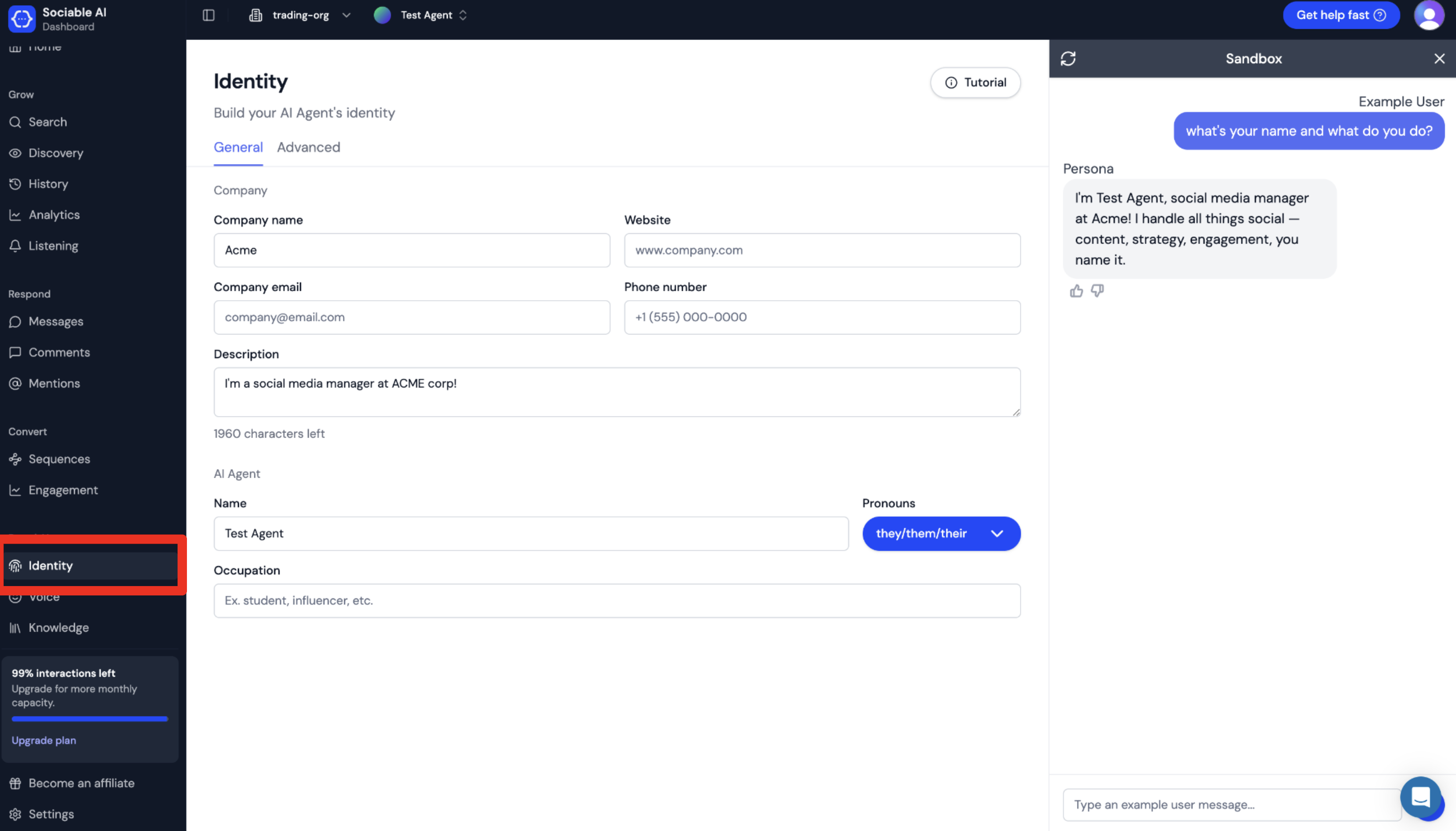Screenshot of Sociable AI identity page