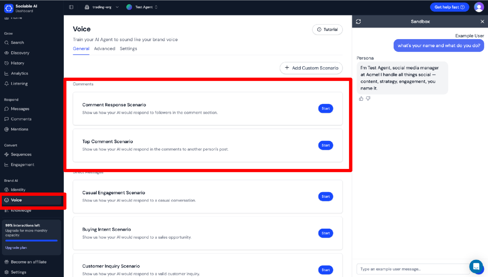 Screenshot of Sociable AI voice page