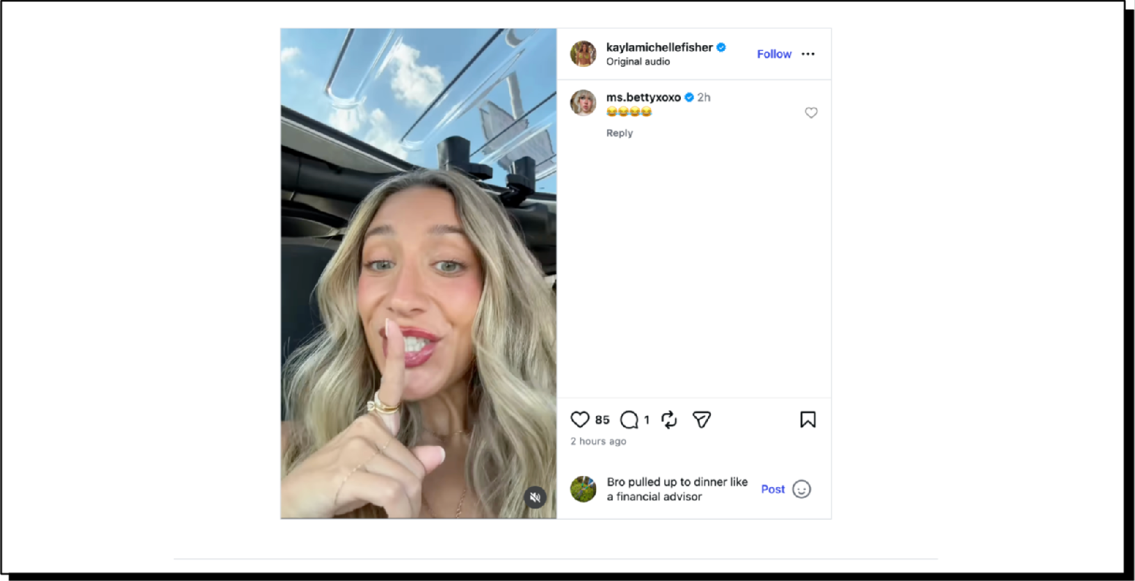 Screenshot of Sociable AI comment on Instagram post by kaylamichellefisher