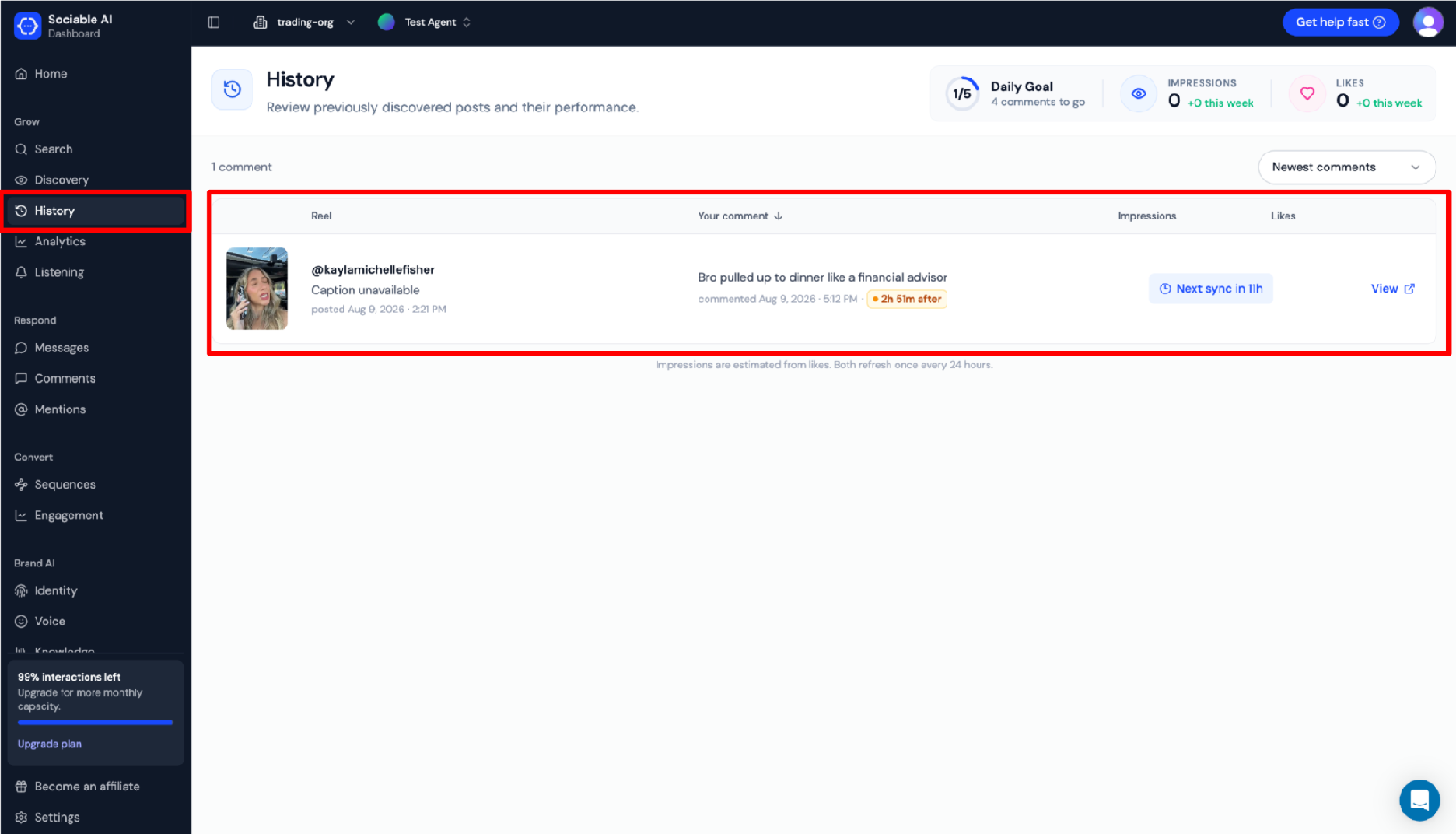 Screenshot of Sociable AI history page