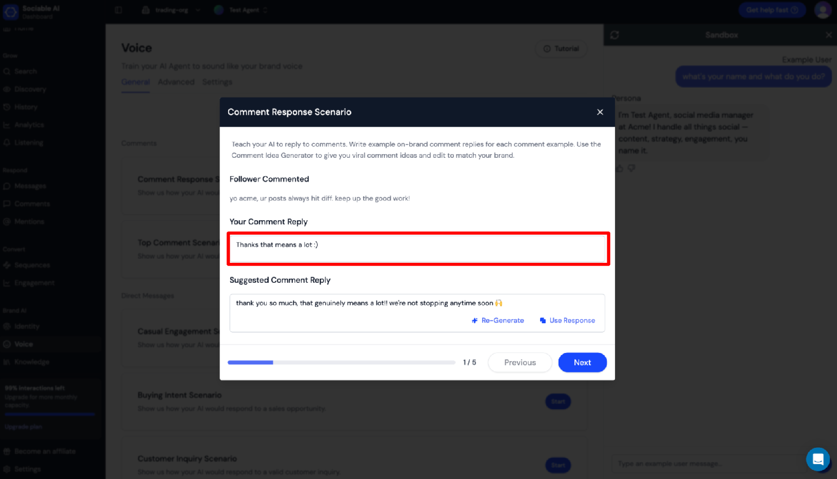 Screenshot of Sociable AI comment response scenario on voice page