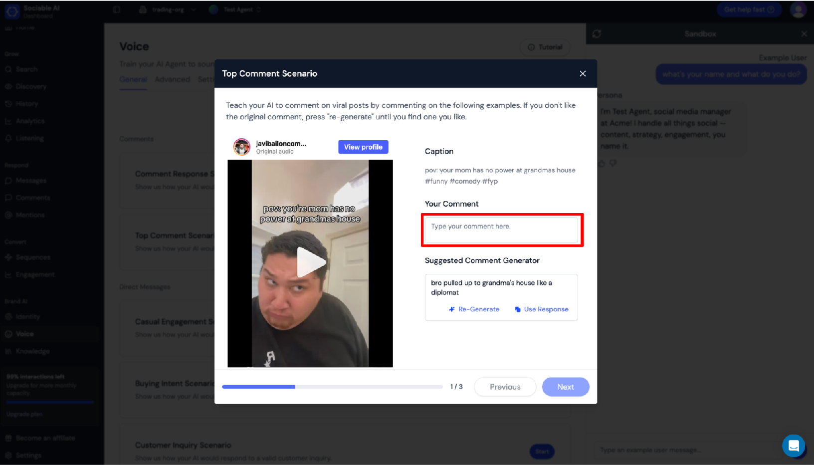 Screenshot of Sociable AI top comment scenario on voice page