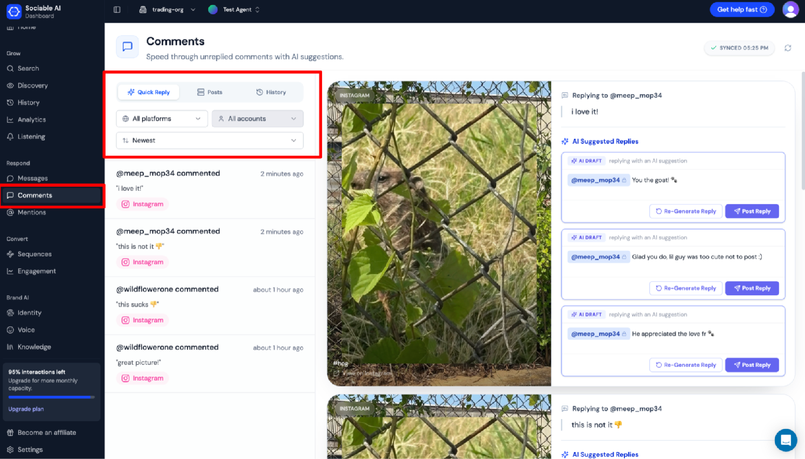 Screenshot of Sociable AI quick reply feature, filter options highlighted