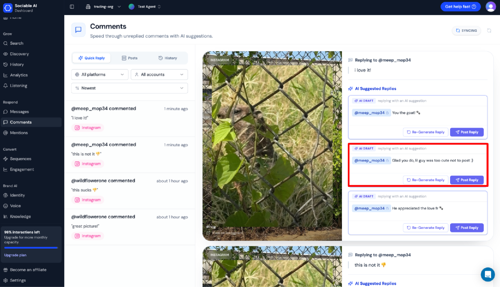 Screenshot of Sociable AI quick reply feature, reply suggestion highlighted