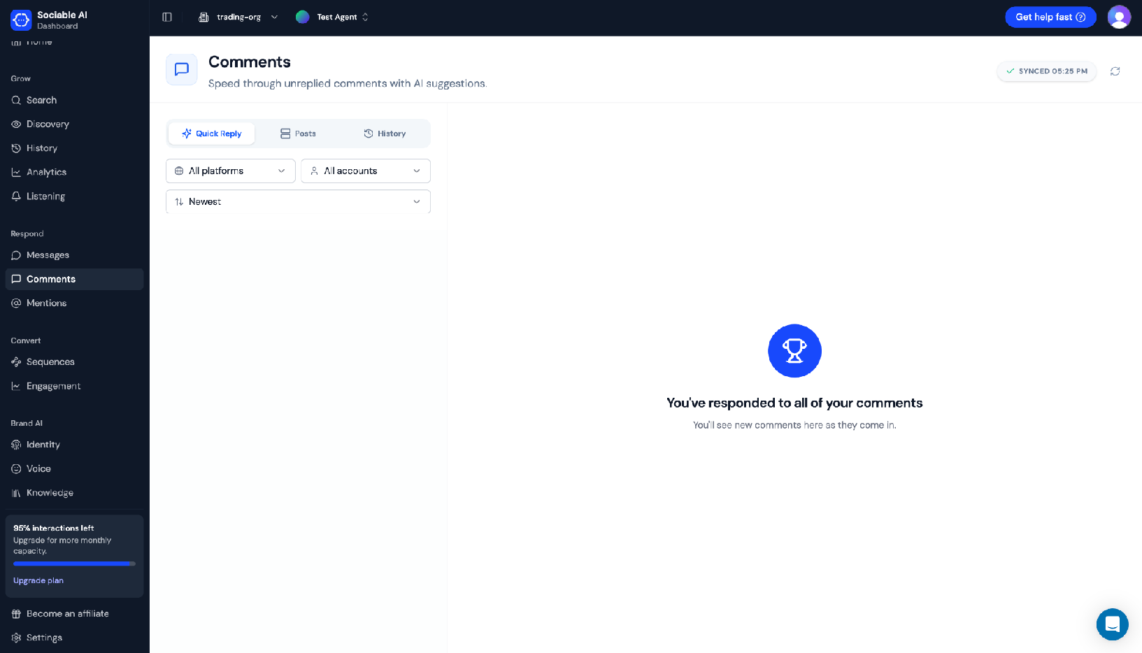 Screenshot of Sociable AI quick reply feature, all comments replied to.