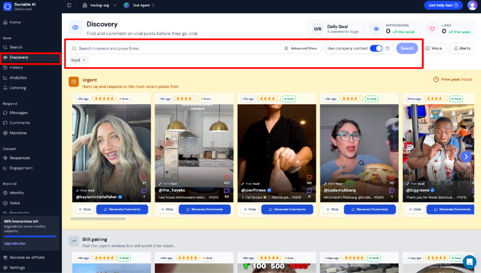 Screenshot of Sociable AI discovery feature, search bar highlighted
