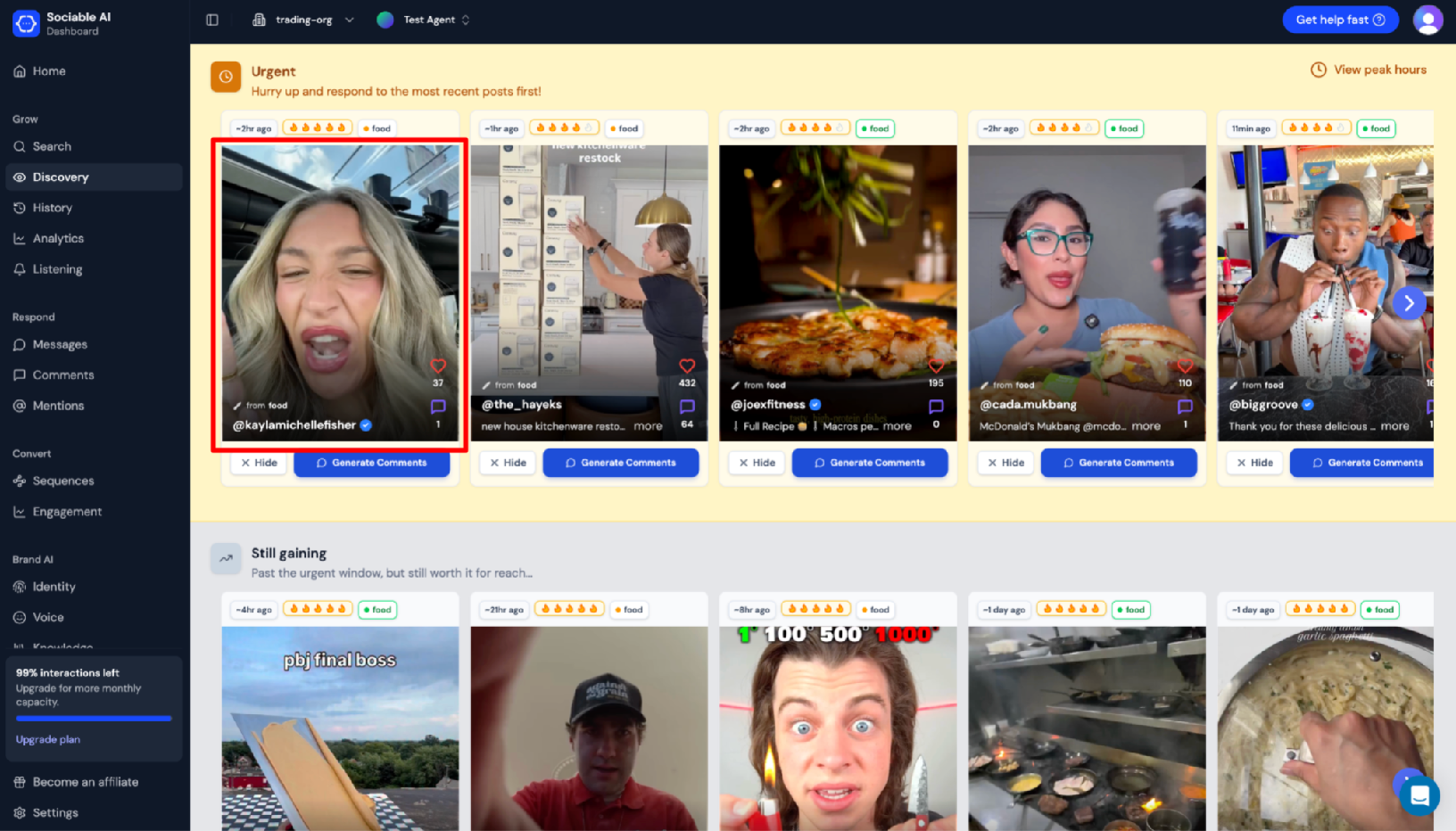 Screenshot of Sociable AI discovery feature, first post highlighted