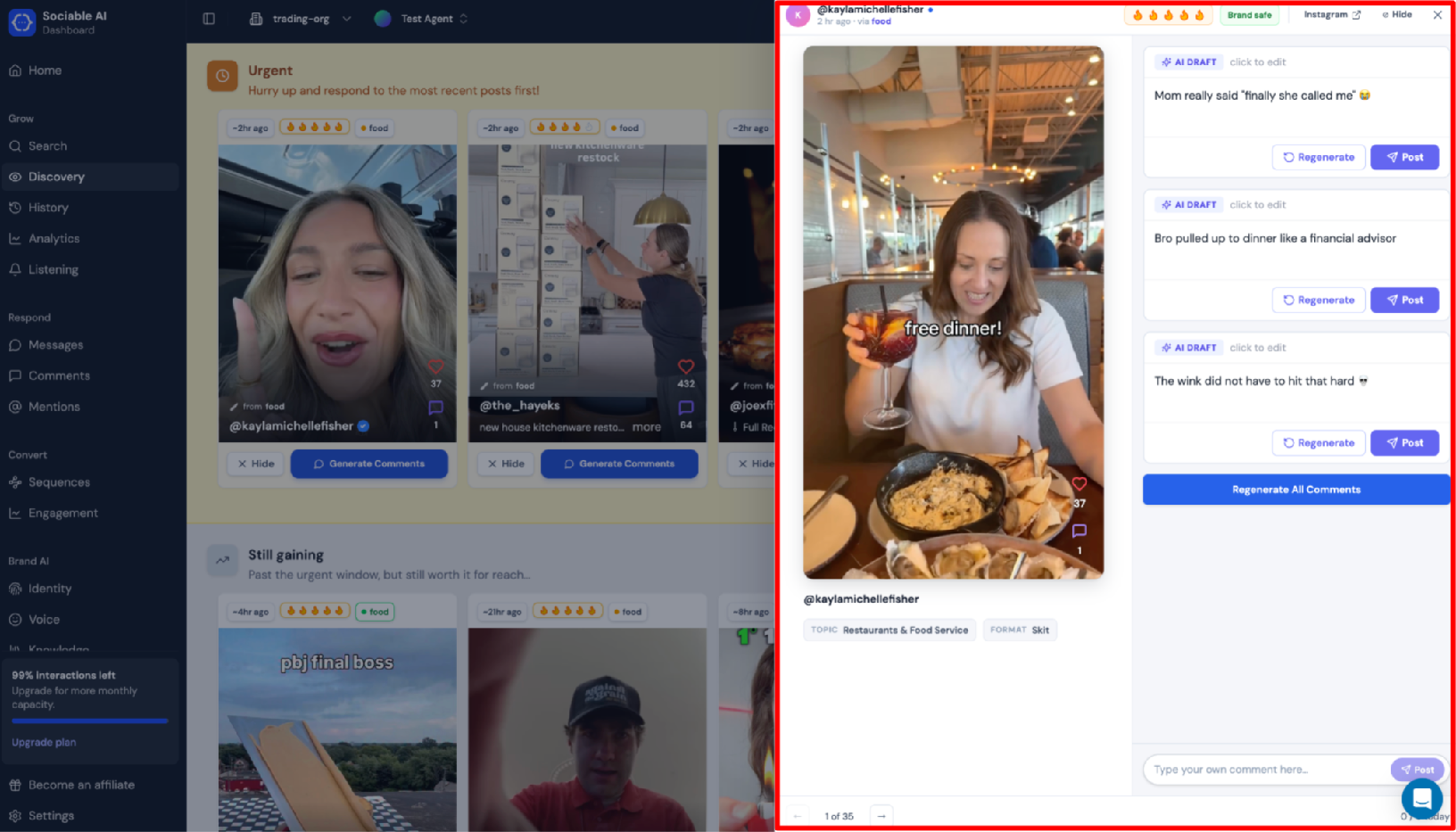 Screenshot of Sociable AI discovery feature, commenting menu opened