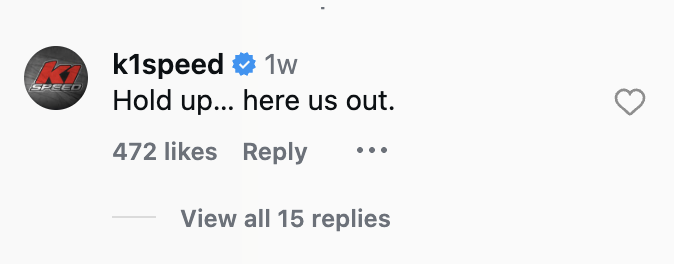 social-media-community-management-k1-speed-comment.png K1 Speed Instagram comment reading “Hold up... hear us out,” with 472 likes.