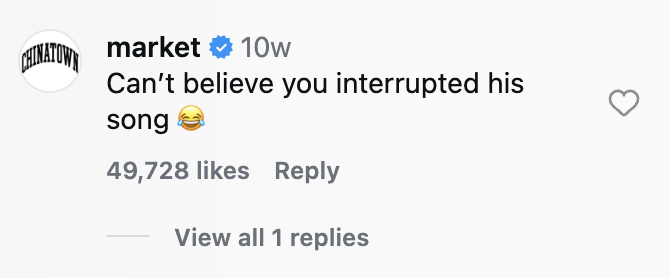 social-media-community-management-market-comment.png Market Instagram comment reading “Can’t believe you interrupted his song,” with 49,728 likes.
